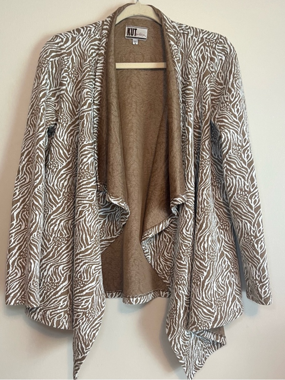 KUT from the Kloth Taupe & White Zebra Patterned Open Front Sweater Cardigan